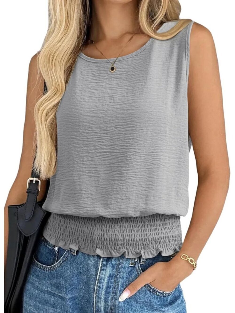 Women's Tops Gray Summer Casual Sleeveless Slim Fit Smocked Bottom Shirts